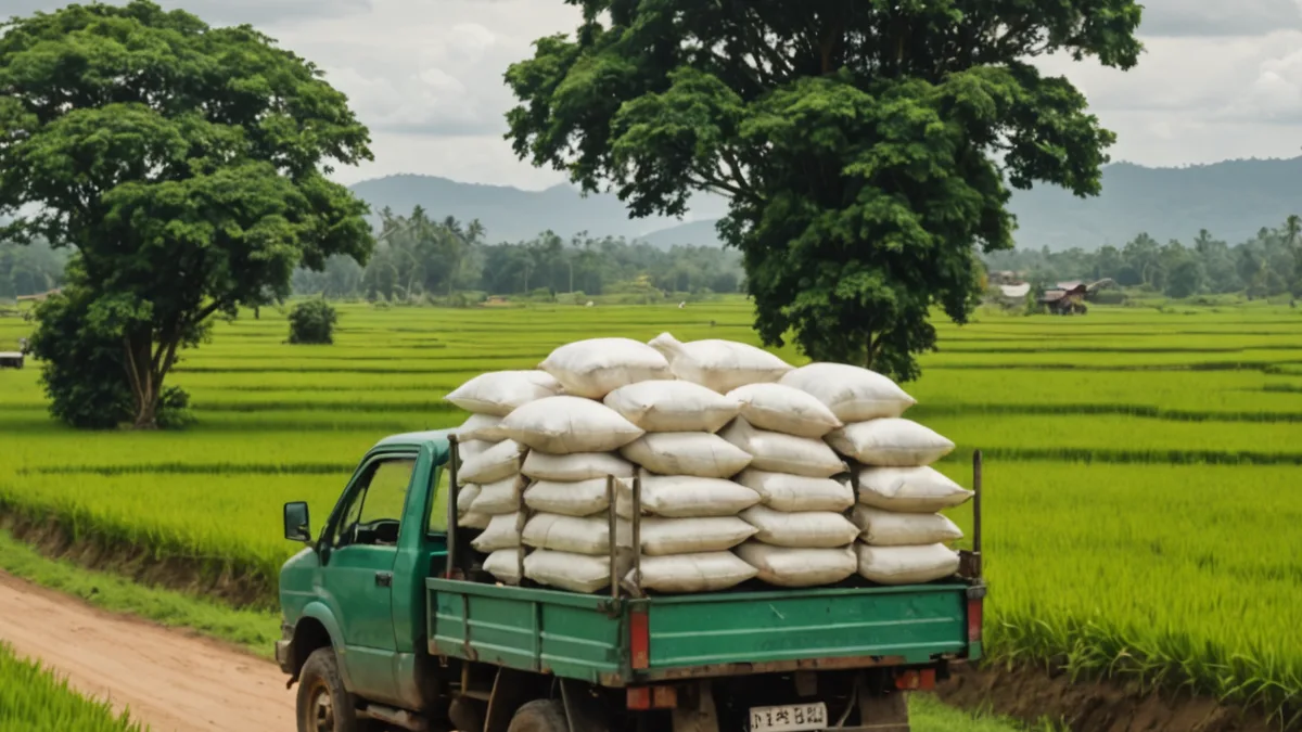 Agricultural input distribution trucks at a West Java warehouse