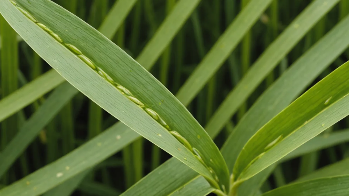 Rice plant leaf showing early signs of crop disease