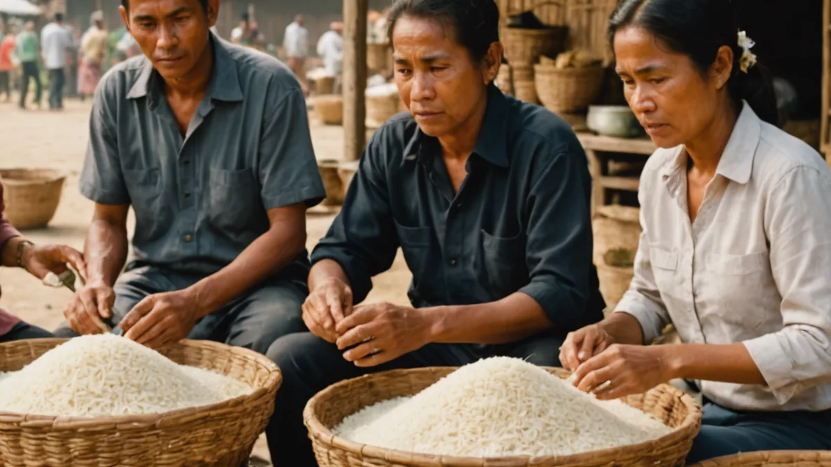 A rice buyer and farmer discussing price at a local market