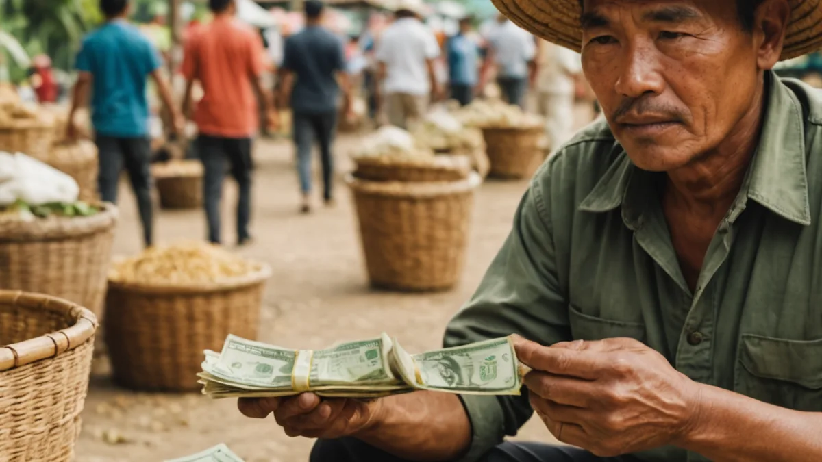 A farmer reviewing income data on a mobile phone