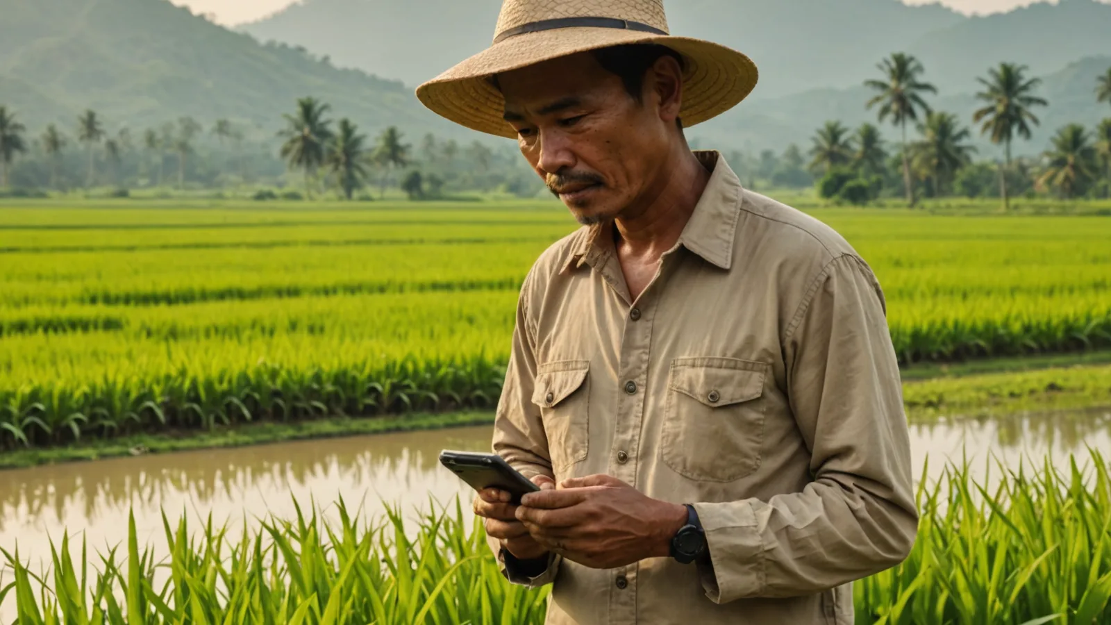 Farmer viewing Elevarm advisory on mobile phone in rice field